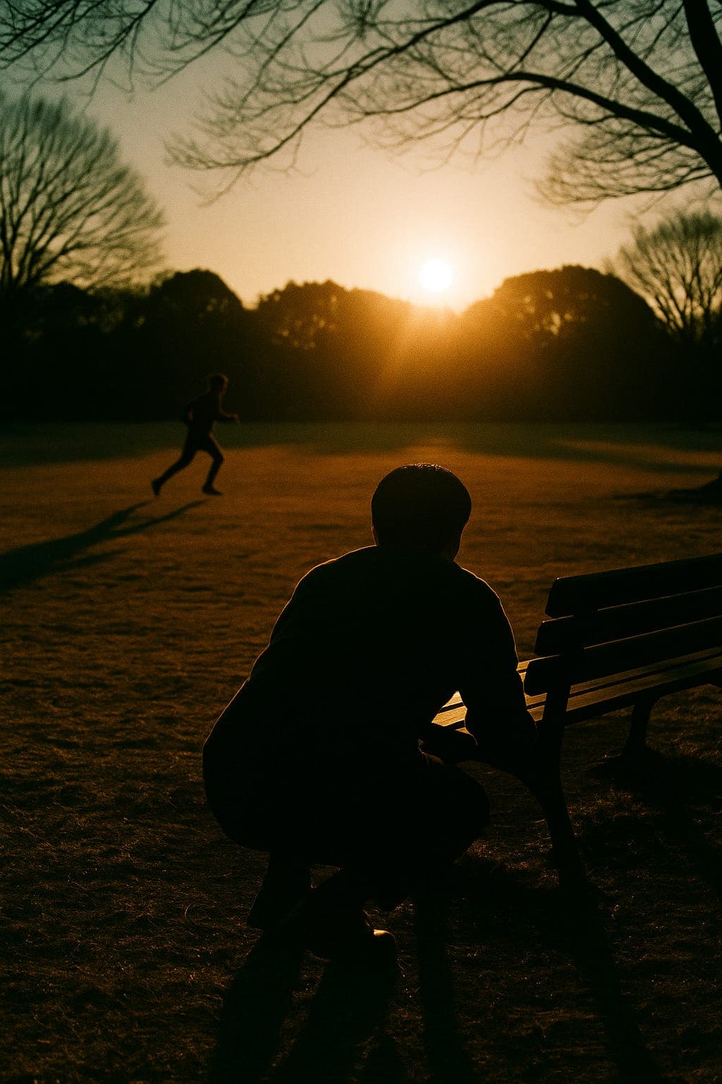 夕暮れの公園。ベンチの陰にしゃがむ人と、遠くを走る人